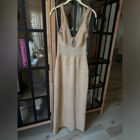 Torn by Ronny Kobo Madi Crochet Dress beige sand maxi resort vneck open back - Picture 9 of 11